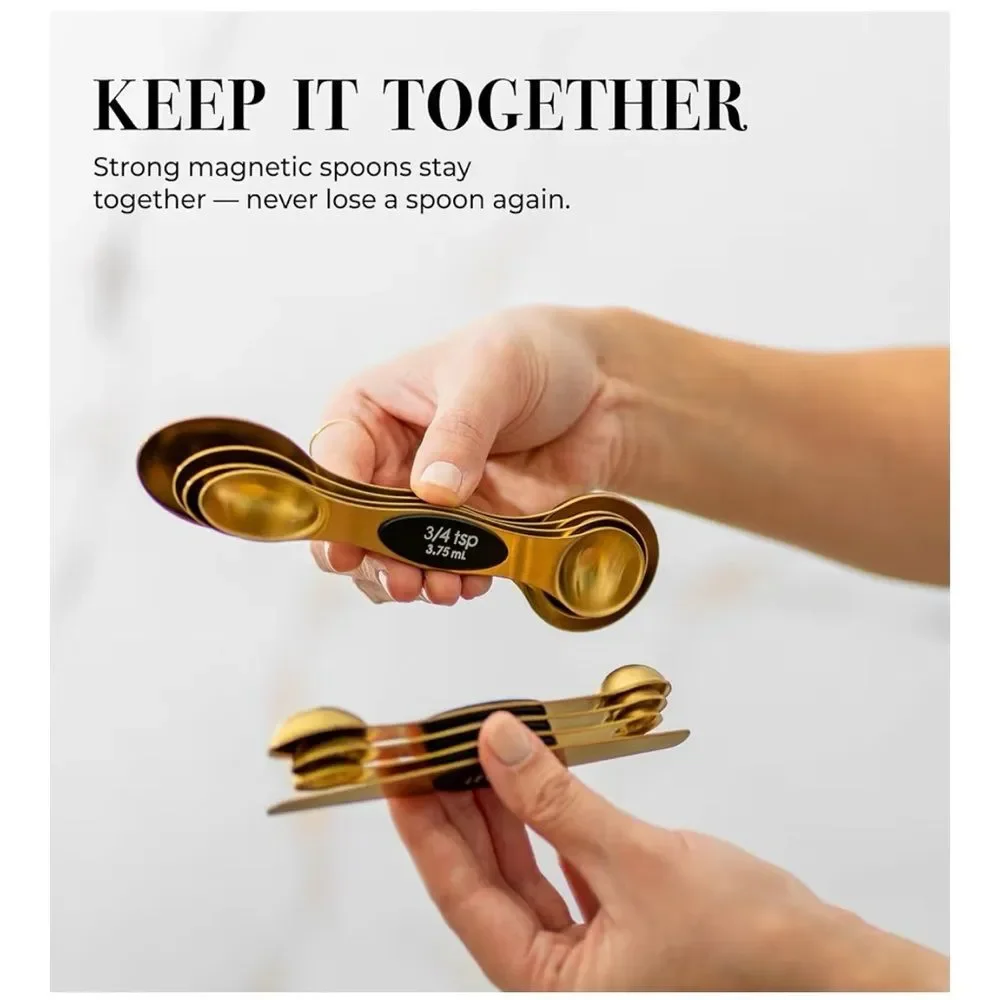 Magnetic Measuring Spoons, Stainless Steel Gold Spoons for Cooking/Baking- NIB